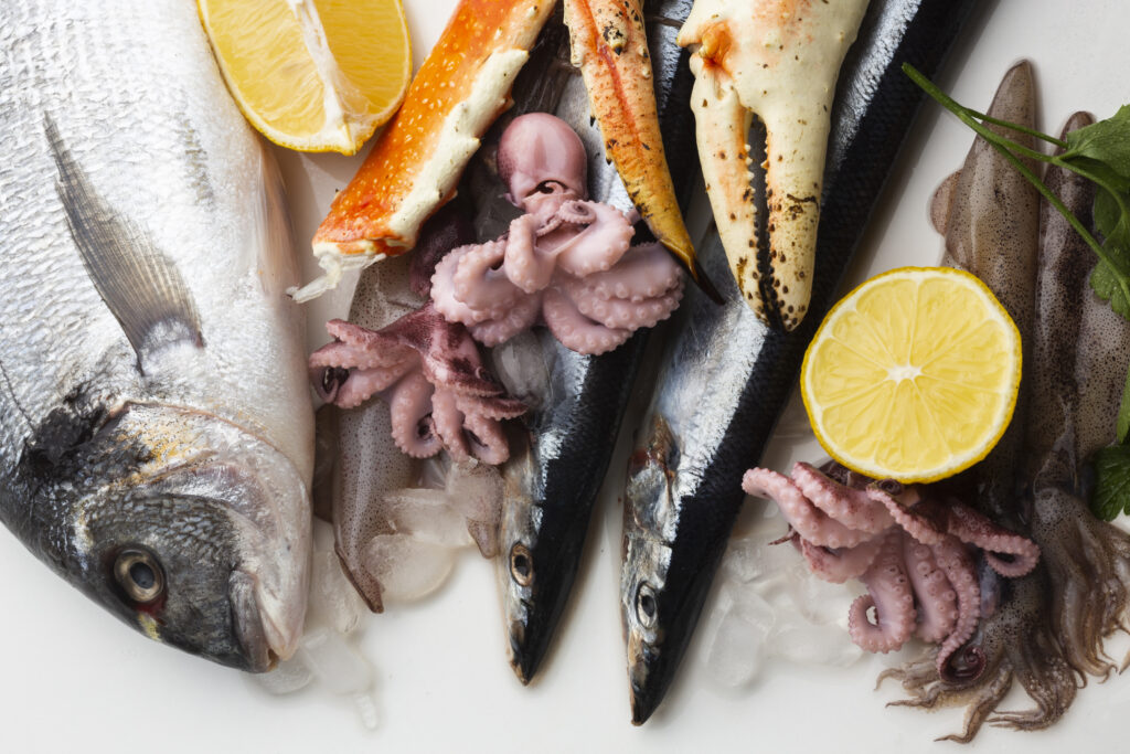 About top view seafood with lemon